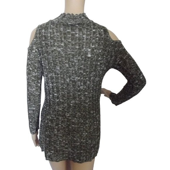 Knit Minded Small Green & White Marled Long Sleeve Cold Shoulder Sweater - Picture 4 of 7
